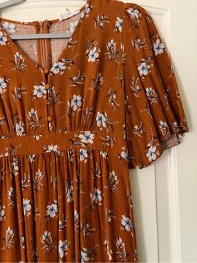 Roolee Rust Floral Midi Dress with Puff Sleeves